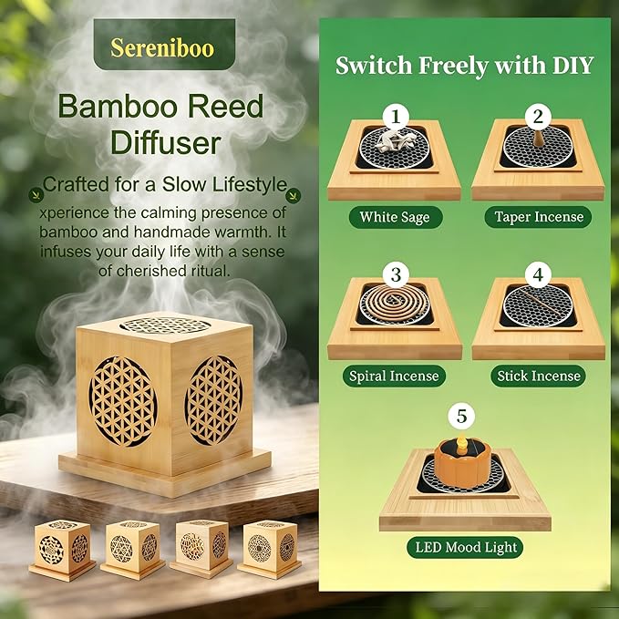 4 Inch White Sage Smudge Stick Set, Bamboo Incense Burner with Ash Catcher & Anti-Spill Dish, Multi-use Incense Holder for Sticks Cones Spirals, for Cleansing Meditation Yoga Aromatherapy