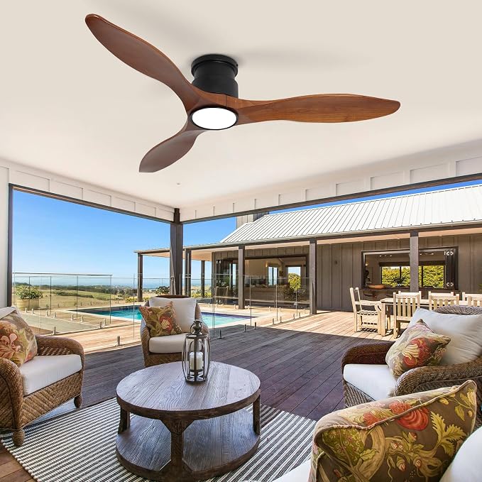 52Inch Wood Ceiling Fans with Lights and Remote Control, Indoor Outdoor Ceiling Fans Farmhouse, Low Profile Ceiling Fan with Light Timing 6 Speeds 3 Color Light Memory Lighting Reversible