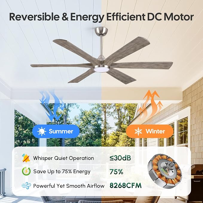 60 Inch Smart Outdoor Ceiling Fan with Light, Modern Farmhouse Style, Works with Alexa/App/Remote, 6 Gray Solid Wood Blades, Damp Rated Quiet DC Motor for Patios, Covered Porches & Indoor Bedrooms