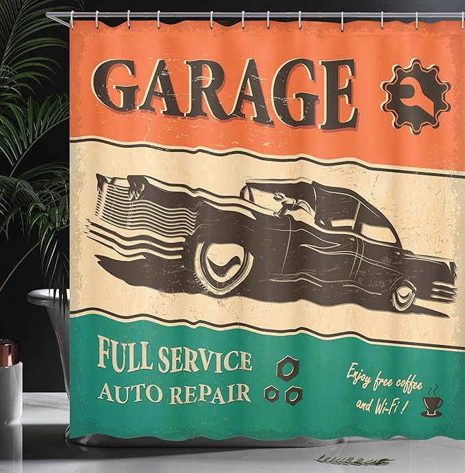 Ambesonne Vintage Shower Curtain, Garage Retro Poster Classic Car Automobile Mechanic Nostalgic 50s, Cloth Fabric Bathroom Decor Set with Hooks, 69" W x 70" L, Orange Beige Jade Green