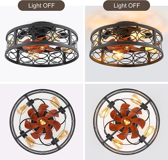 20" Caged Ceiling Fan with Light and Remote，Bladeless Ceiling Fan 6 Speed Reversible with 4 Bulbs and Remote Control.Low Profile Ceiling Fans with Lights for Bedroom, Dining Room