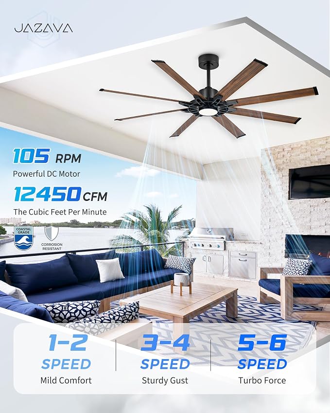 72 Inch Ceiling Fan with Light, Industrial Ceiling Fan with 8 Aluminium Metal Blades, Smart Fan Compatible with Alexa, Garage Indoor Fan For Living Room and Patio, ZCCF05AWD-72