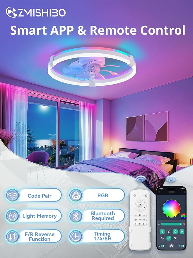 ZMISHIBO RGB Ceiling Fans with Lights and Remote, 20 inch Low Profile Ceiling Fan with Light, 3000K-6000K Dimmable & RGB, Modern Fandelier Flush Mount Ceiling Fan, Small LED Fan for Bedroom