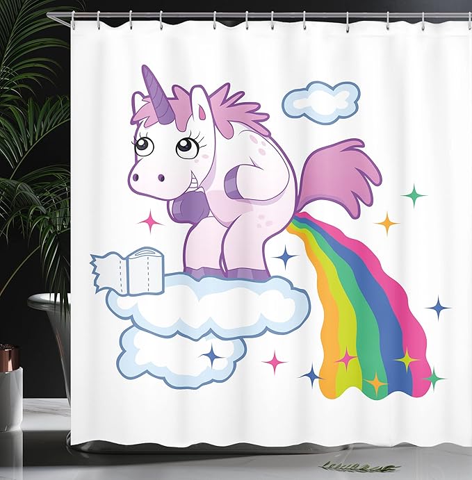 Ambesonne Funny Shower Curtain, Unicorn Pooping Rainbow Over Clouds Creative Girls Fantasy Cartoon, Cloth Fabric Bathroom Decor Set with Hooks, 69" W x 84" L, Pale Purple