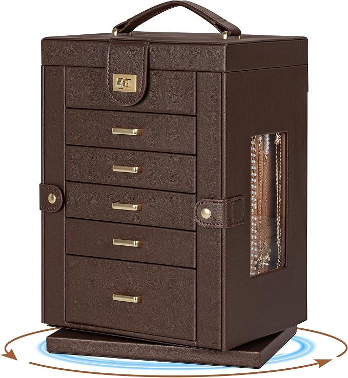 AKOZLIN 6-Tier Jewelry Box Organizer Functional 5 Drawers Leather Jewelry Storage Case for Women Girls Ring Necklace Earring Bracelet Holder Organizer with Mirror Brown 360° Rotating