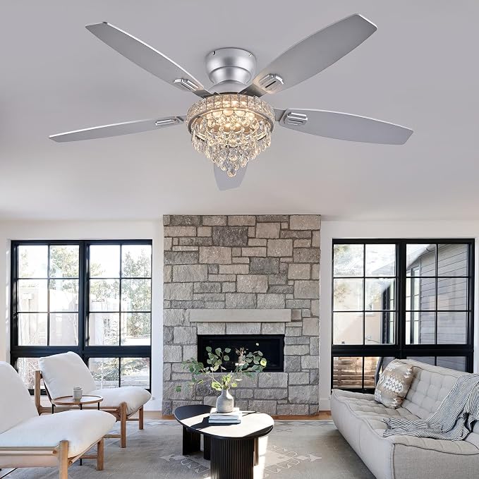 Crystal Ceiling Fan Fandelier with Lights-Ceiling Fans with Lights,54" Low Profile and Remote Control, Flush Mount, Reversible, Dimmable, Noiseless, Sliver Ceiling Fan for Bedroom