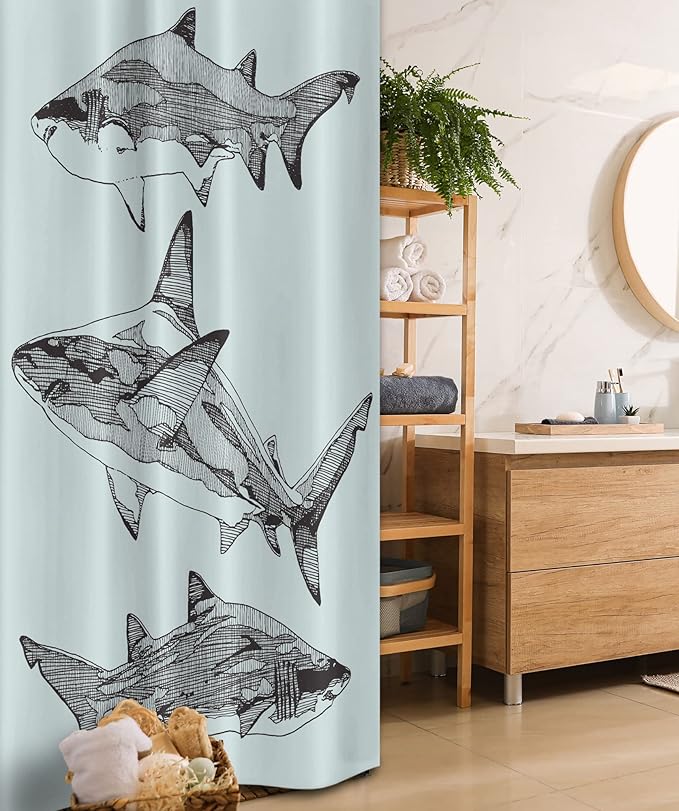 Ambesonne Animal Stall Shower Curtain, Sealife Big Dangerous Fish Shark Sketchy Monochrome Tail Print, Fabric Bathroom Decor Set with Hooks, 36" W x 72" L, Grey Charcoal