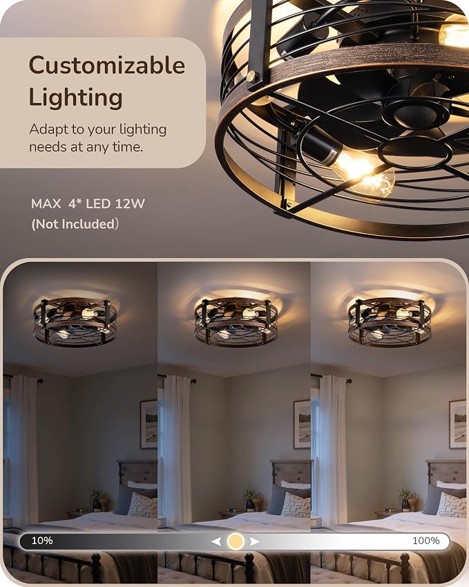 EDISHINE 21" Pre-Assembled Ceiling Fans with Lights Flush Mount, 10%-100% Dimmable, Rustic Low Profile Caged Ceiling Fan with Remote, Small Farmhouse Fan Light Ceiling for Kitchen Bedroom Brushed Gold