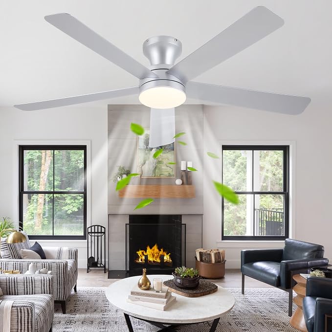 Ayaoty 46" Ceiling Fans with Lights and Remote - Flush Mount Ceiling Fan Light with ABS Blades and 3CCT Dimmable, Reversible, Low Profile Fan Light for Indoor Modern Bedroom, Kitchen Silver