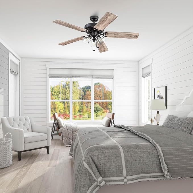 Prominence Home Saybrook 52 Inch Farmhouse LED Indoor Ceiling Fan with Light, Pull Chain Control, 5 Dual Finish Blades, Reversible Motor, Bronze