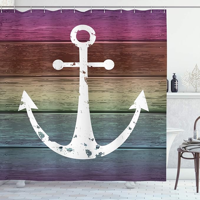 Ambesonne Anchor Shower Curtain, Rustic Themed Marine Ornament on Colorful Grungy Wooden Planks Sailing Style, Cloth Fabric Bathroom Decor Set with Hooks, 69" W x 84" L, White Multicolor