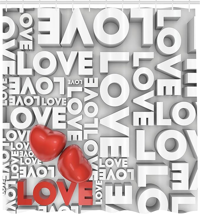 Ambesonne Love Shower Curtain, Macro Big Texts Lettering Setting Passionate Emotions Feelings Sweetheart Design, Cloth Fabric Bathroom Decor Set with Hooks, 69" W x 84" L, Grey Red White