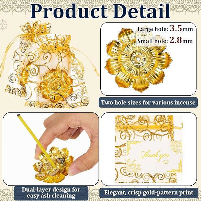 Amyhill 138 Pack Diwali Gifts Bulk, Lotus Incense Burner, Indian Return Gifts for Pooja Bulk, Stick Holder, Gold Double Layer Design with Organza Bags & Thank You Cards, Indian Return Gift (Golden)