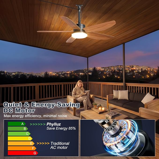 Outdoor Ceiling Fan with Lights, 42 Inch Plug in Gazebo Fans with Remote APP Control, Quiet DC Motor, Dimmable 3CCT, Waterproof Hanging Fans for Patios, Porch, Wood Color