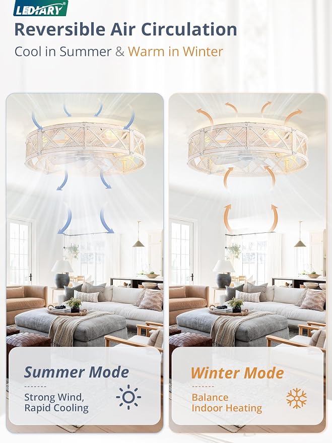LEDIARY 23" Caged Ceiling Fan with Light, APP&Remote Control, Large Flush Mount Farmhouse Fan Lights, Low Profile Rustic Bladeless Ceiling Fan Fixtures for Bedroom, Kitchen-White Gold Color