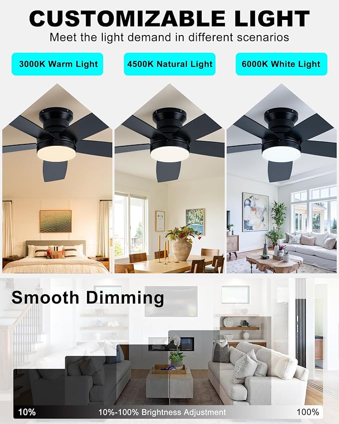 Coolwind 48 Inch Black Flush Mount Ceiling Fan with Display Remote/APP Control, Quiet Low Profile Ceiling Fan with Light, 8 Speeds, Dimmable, 3CCT, Timer, DC Reversible Motor for Bedroom, Living Room