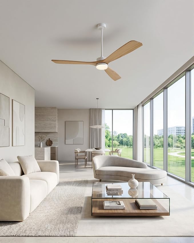 VONLUCE Wood Ceiling Fan with Lights, 60 Inch Ceiling Fan and Remote, 6 Speed Reversible Noiseless DC Motor, 3CCT, Solid Wood Outdoor Ceiling Fan for Patios Farmhouse, White