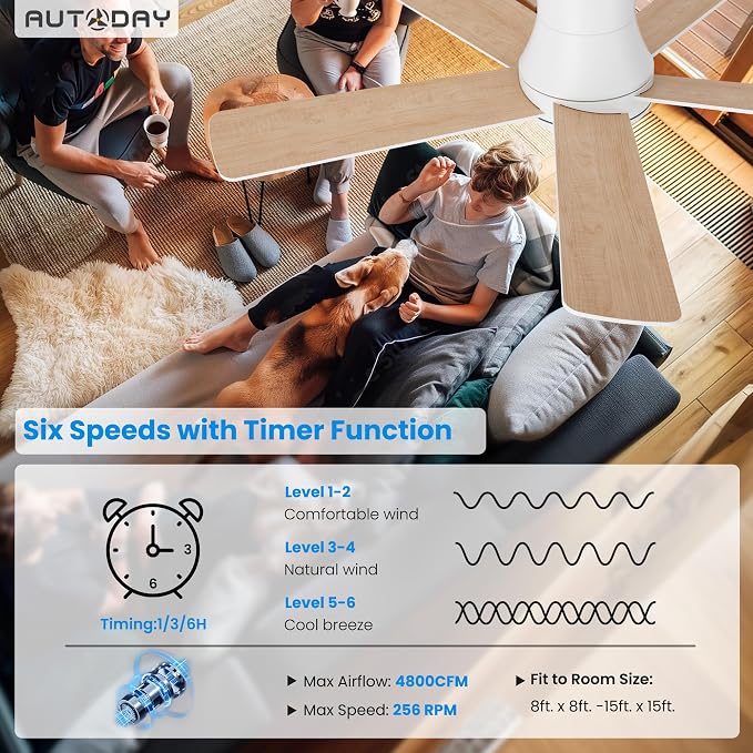 42 Inch Low Profile Ceiling Fan with Light, White Ceiling Fans with Lights and Remote, Flush Mount, 6 Speeds Reversible Quiet DC, 3CCT Dimmable, Indoor Outdoor Ceiling Fans for Patios Bedroom