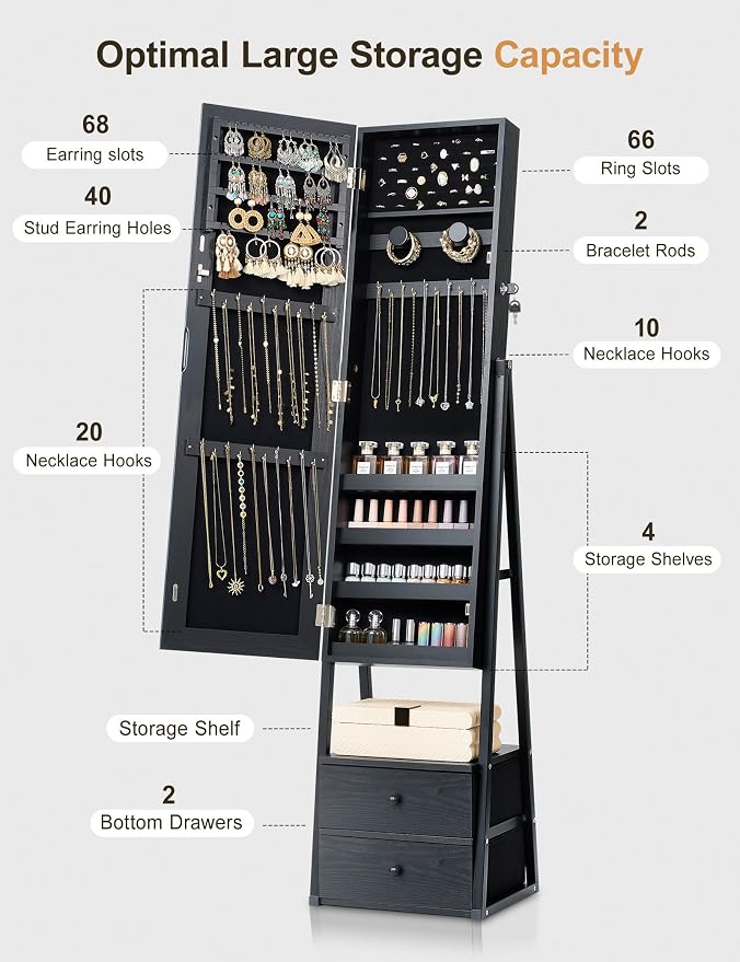 Nicetree Mirror Jewelry Cabinet Standing, Lockable Jewelry Cabinet Armoire with 2 Drawers, Full Length Mirror with Jewelry Storage, Gift Idea, Black