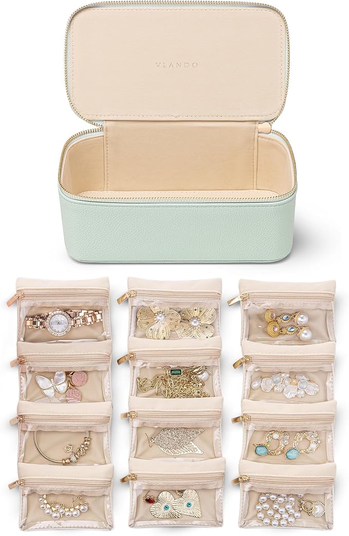 VLANDO Jewelry Travel Case,Travel Jewelry Organizer with Clear Velvet Jewelry Bags 12Pcs Zipper Pouch for Women-Mint Green