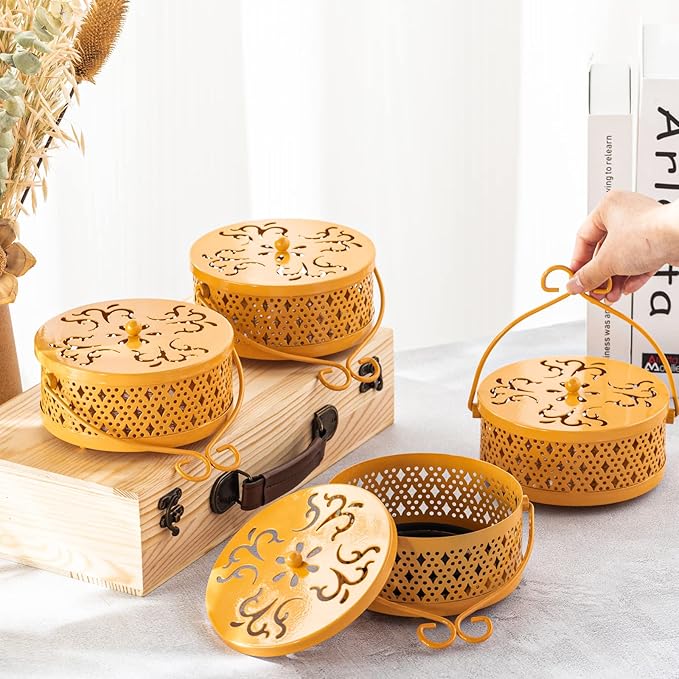 Lallisa Incense Coil Holder Sets, Round Metal Hanging Incense Burner with Handle and Lid, Portable Coil Burner Stand Container for Patio Camping Garden Home Indoor Outdoor Decor(Yellow,4 Pcs)