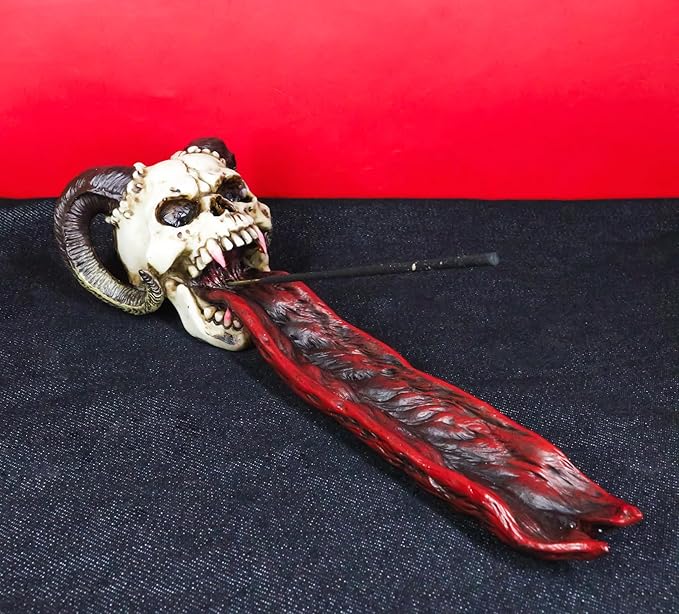 Ebros Vampire Fanged Ram Horned Skull with Demonic Tongue Incense Stick Burner Holder 10.5" Long Skulls Skeletons Halloween Aromatherapy Decorative Accent Figurine Accessory
