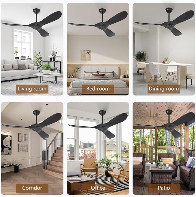 52 Inch Black Ceiling Fan No Light,Living Room Ceiling Fans Without Lights, Medium Modern 3 Blade Quiet Dc Ceiling Fans For Slanted Ceilings, Rustic Wood Ceiling Fan For Gazebo With Remote