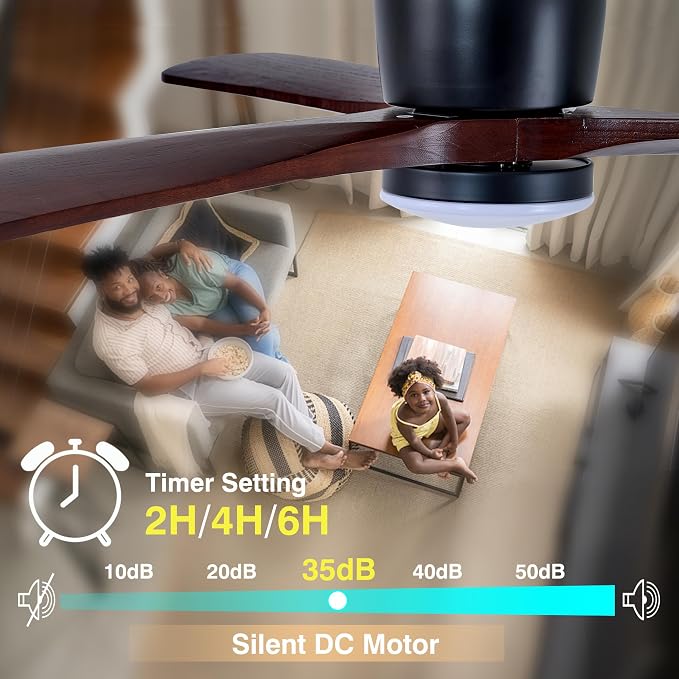 60" Wood Ceiling Fan with Lights Remote, Reversible DC Motor 6-Speed Ceiling Fan, 3 Blades Low Profile Flush Mount Ceiling Fans, Modern Ceilingfans for Low Profile, Walnut and Matte Black