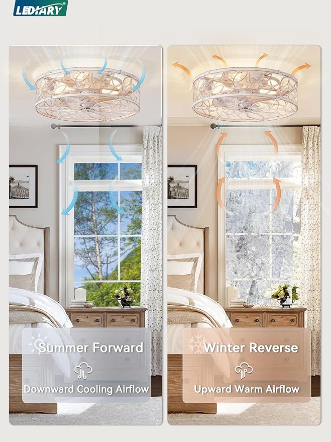 LEDIARY Caged Ceiling Fans with Lights, White Flush Mount Ceiling Fan with Remote&App, Small Low Profile Bladeless Ceiling Fan Light Fixture for Bedroom, Kitchen, Dining Room-White Gold Color