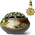 Ceramic Incense Burner, Bowl Burner,Cone Incense Burner with Brass lid for use with Stick or Cone-Shaped Incense，Lotus Incense Stick Holder Calabash Incense Stick Holder, 3pc (Fambe Green)