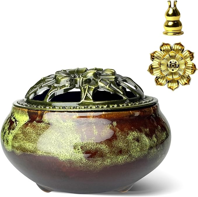 Ceramic Incense Burner, Bowl Burner,Cone Incense Burner with Brass lid for use with Stick or Cone-Shaped Incense，Lotus Incense Stick Holder Calabash Incense Stick Holder, 3pc (Fambe Green)