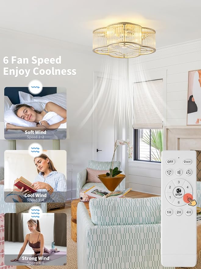 Boho Ceiling Fans with Lights, 20" Low Profile Ceiling Fan with Light Remote Control, Bladeless Flush Mount with 6 Speeds for Bedroom, Nursery, Living Room.