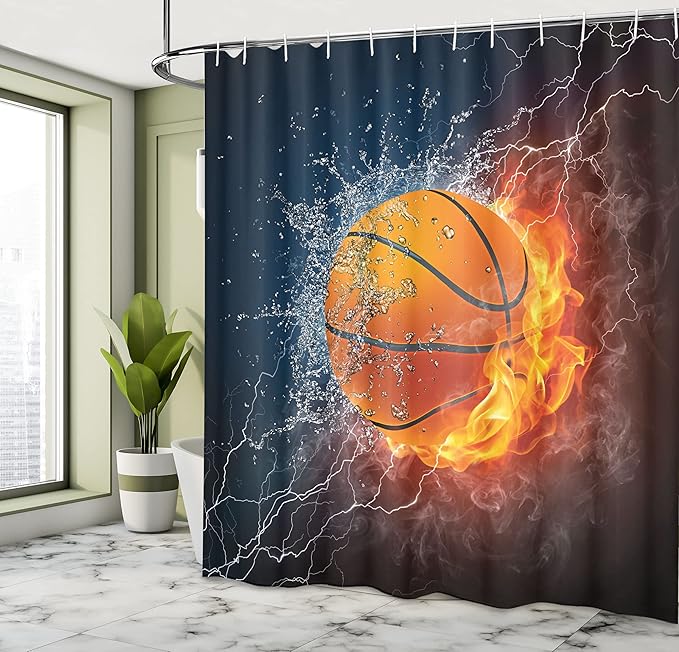 Ambesonne Sports Shower Curtain, Basketball Ball and Water Splashing Thunder Lightning Themed Design, Cloth Fabric Bathroom Decor Set with Hooks, 69" W x 70" L, Dark Blue and Burgundy