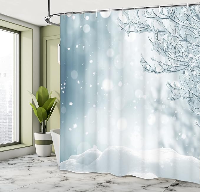 Ambesonne Winter Shower Curtain, Christmas Image Snow and Frosted Tree Snowflakes Winter Season Illustration, Cloth Fabric Bathroom Decor Set with Hooks, 69" W x 75" L, Slate Blue White