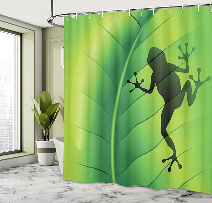 Ambesonne Animal Shower Curtain, Silhouette of Frog on The Exotic Macro Tropical Leaf Plant Wild Life Nature Illustration, Cloth Fabric Bathroom Decor Set with Hooks, 69" W x 70" L, Green