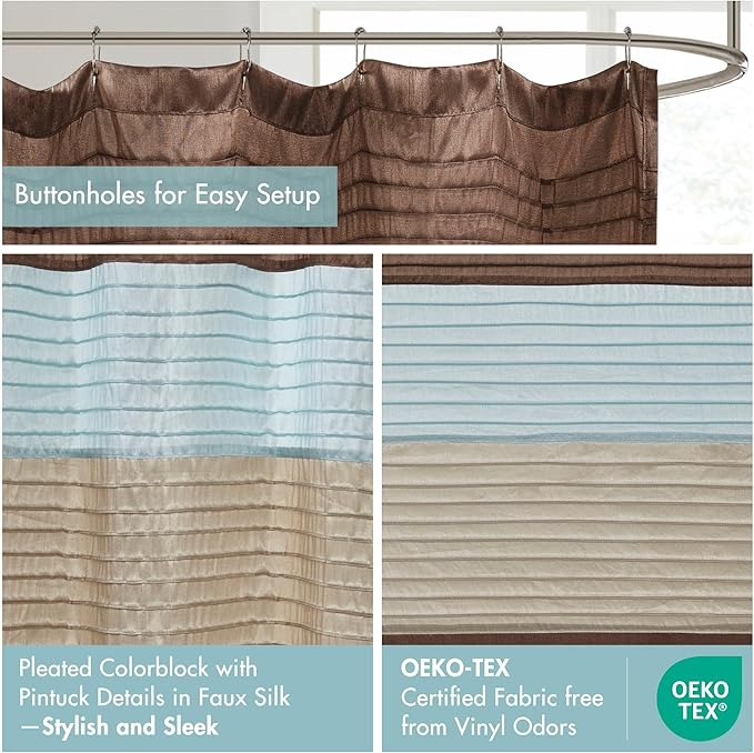 Madison Park Amherst Bathroom Shower Curtain Faux Silk Pieced Striped Modern Microfiber Bath Curtains, 72x84 Inches, Blue