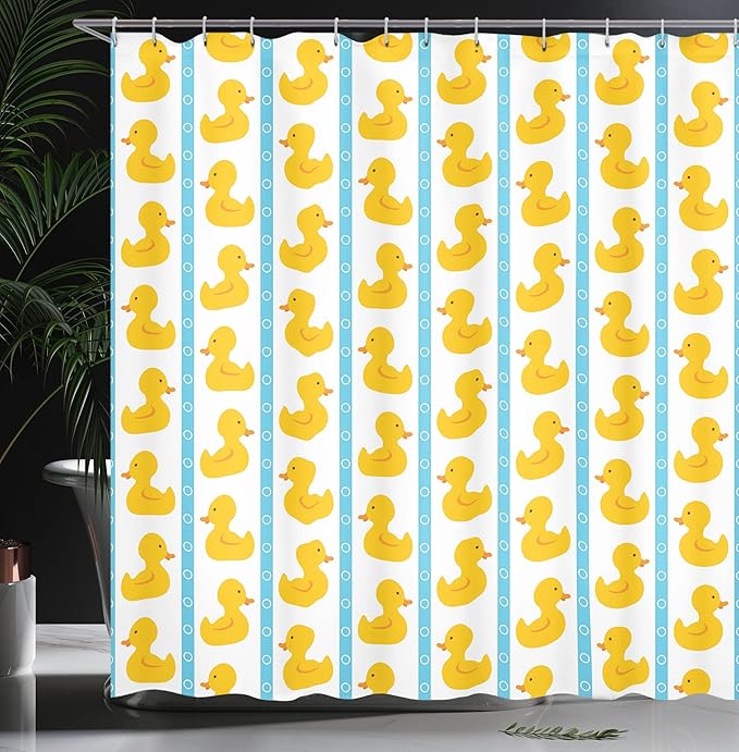 Ambesonne Rubber Duck Shower Curtain, Duckies on Stripes and Small Circles Play Pattern Print, Cloth Fabric Bathroom Decor Set with Hooks, 69" W x 75" L, White