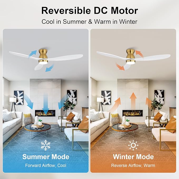 52 Inch White Ceiling Fan with Light and Remote & APP Control, 3 Wooden Blades, 6 Wind Speeds, Quiet DC Motor, Indoor Low Profile Ceiling Fan for Bedroom Living Room Farmhouse Patio