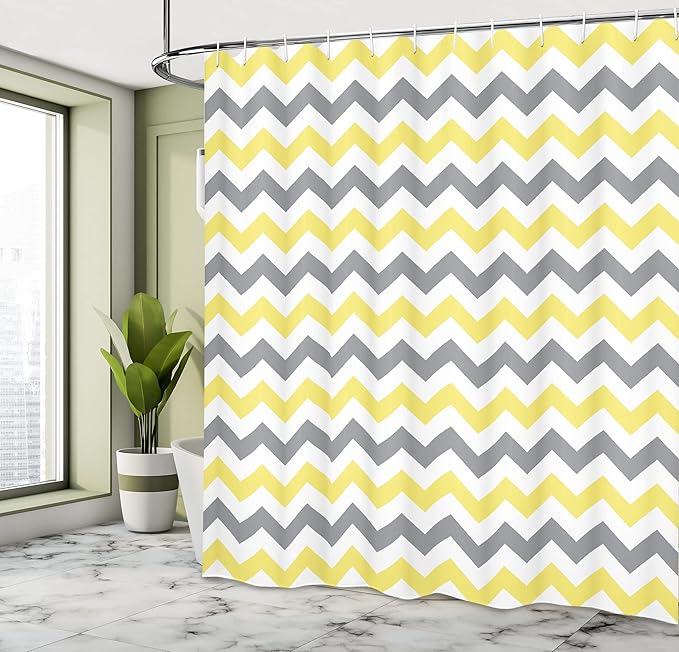 Ambesonne Geometric Shower Curtain,a Horizontal Chevron Pattern and Zigzag Endless Simplicity Continuous Art of The Designs, Cloth Fabric Bathroom Decor Set with Hooks, 69" W x 75" L, Yellow White