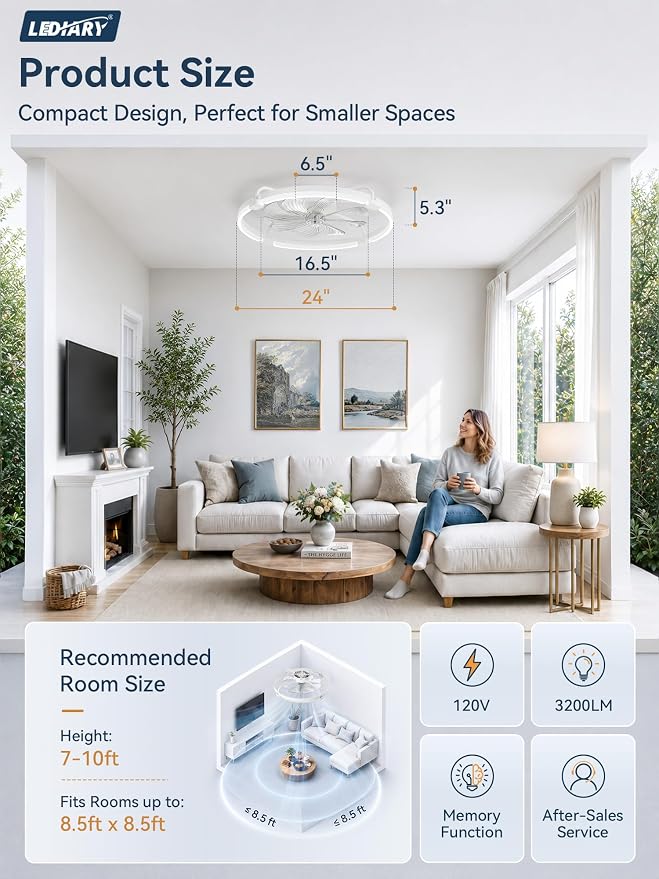 LEDIARY Ceiling Fans with Lights and Remote, Low Profile fan Light, White | 24 Inch 3000K-6000K Stepless Dimmable Fandelier, Reversible DC Motor, Remote and APP Control, Bedroom Kitchen Living Room
