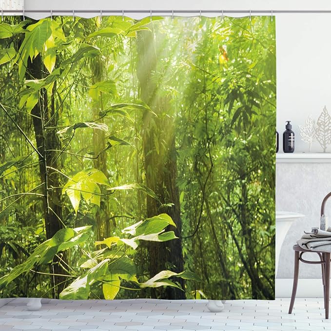 Ambesonne Nature Shower Curtain, Forest with Sunray Foliage Leaf Branches Woodland Eco Jungle Misty Picture, Cloth Fabric Bathroom Decor Set with Hooks, 69" W x 84" L, Lime Green Brown