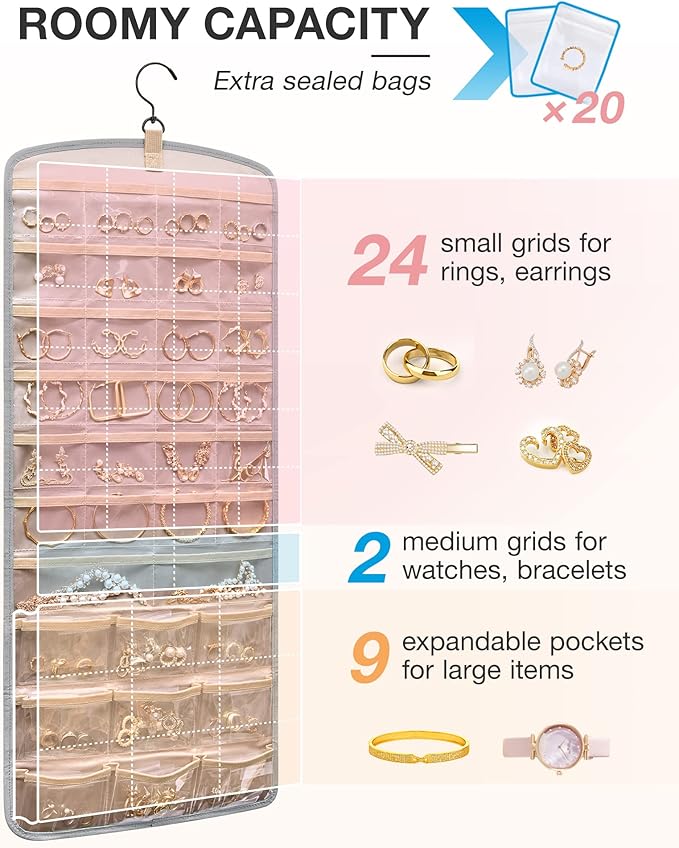 BAGSMART Hanging Jewelry Organizer, Necklace Holder Anti-tangle with 20 Jewelry Storage,1 Piece, Large Grey
