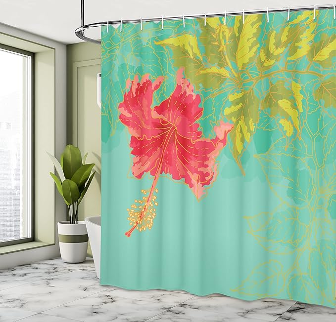 Ambesonne Watercolor Flower Shower Curtain, Colorful Drawing of Hubiscus Flower Pastel Tones Spring Rural Floral, Cloth Fabric Bathroom Decor Set with Hooks, 69" W x 75" L, Green Teal