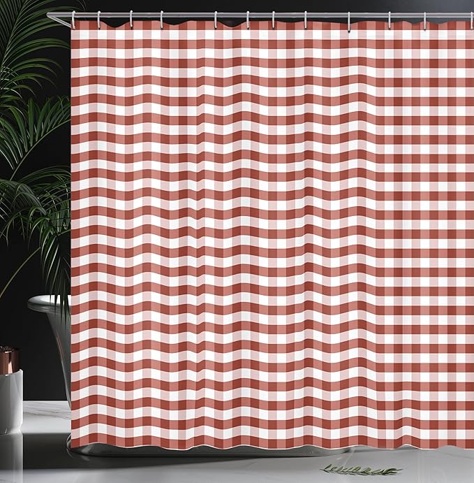 Ambesonne Checkered Shower Curtain, Monochrome Gingham Checks Classical Country Culture Old Fashioned Grid Design, Cloth Fabric Bathroom Decor Set with Hooks, 69" W x 84" L, Ruby Salmon