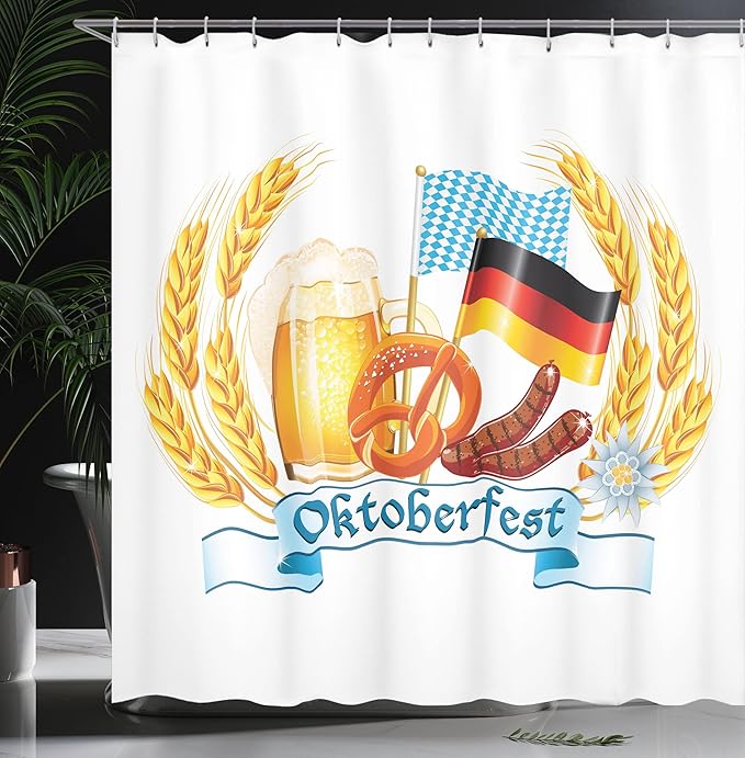 Ambesonne Oktoberfest Shower Curtain, Oktoberfest Celebration Design with Sausage Drink Flags Wheat Stems Banner, Cloth Fabric Bathroom Decor Set with Hooks, 69" W x 75" L, Yellow Blue