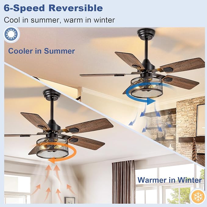 Depuley 42-Inch Ceiling Fans with Lights: Caged Ceiling Fans Dual Finish 5 Blades - Farmhouse Ceiling Fan with Remote Control for Rustic Living Room Outdoor Patio Reversible (Black Walnut)