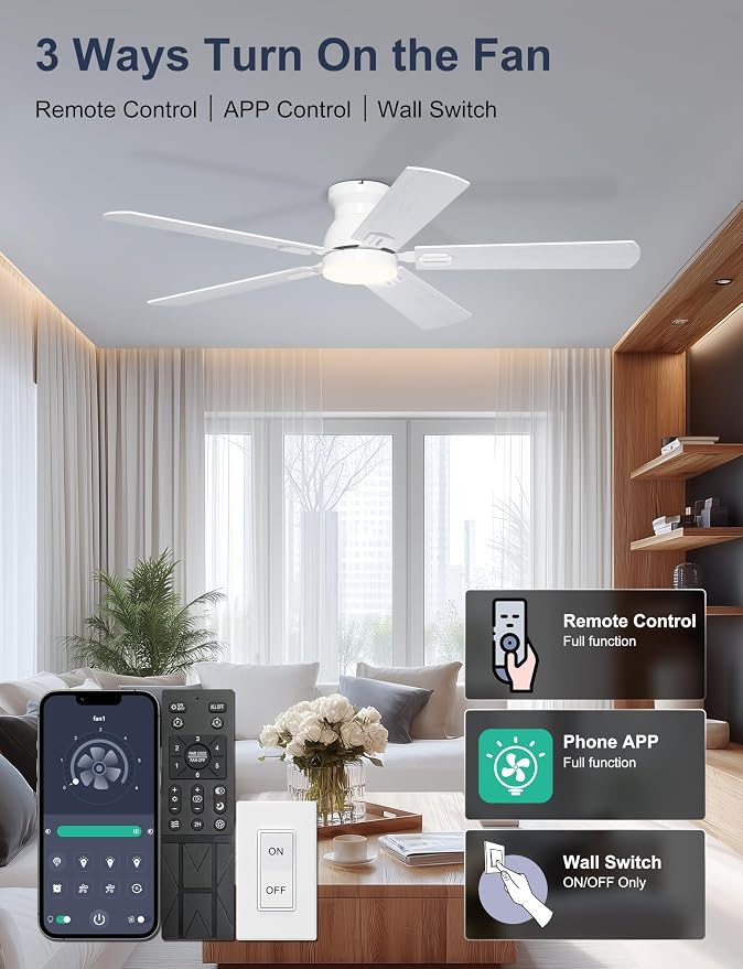 52'' Low Profile Ceiling Fan with Lights for Bedroom, Living Room | App/Remote Control, Flush Mount, Space-Saving, Quiet DC Motor, 3CCT Dimmable, 6 Speeds Modern Overhead Fan for Low Ceilings