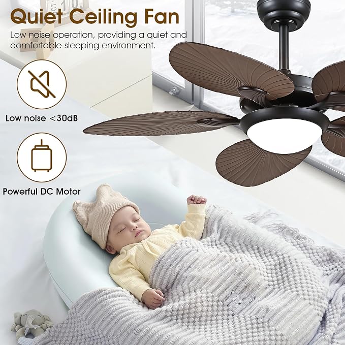 Wiviniya Tropical Ceiling Fans with Lights, 44 Inch Palm Leaf Outdoor Ceiling Fan with Light for Patios Porch Bedroom, Remote/APP Control, Reversible Quiet DC Motor, Dimmable LED, Dark Brown