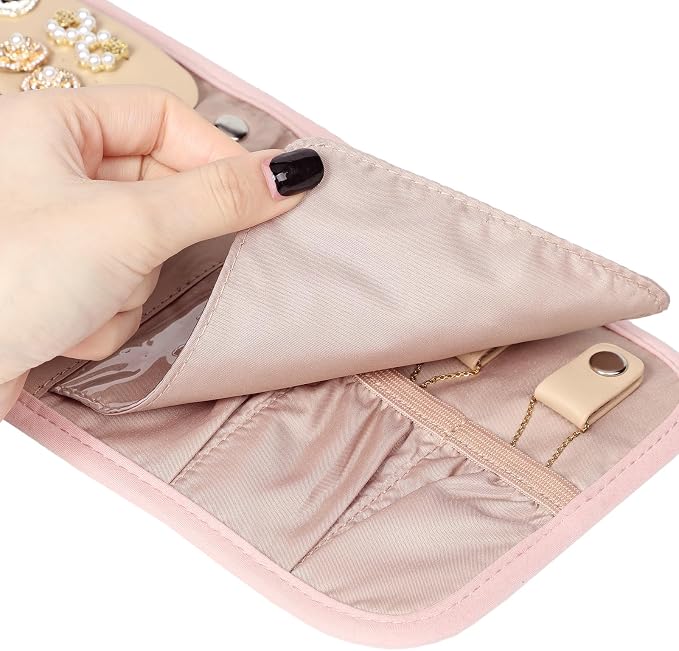 BELALIFE Travel Jewelry Case, Jewelry Organizer Roll for Accessories | Bag with foldable roll design for earrings, necklaces, rings, bracelets and brooches,Pink