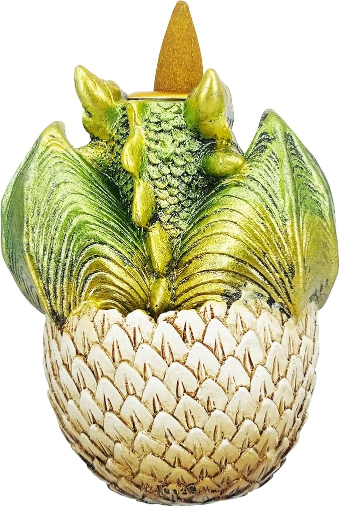 Fantasy Gifts Green Dragon in Egg Backflow Incense Burner 3.5 x 3 x 4.25 Inch | Hand Painted Cold Cast Resin Fountain | Mystical Home Décor & Aromatherapy Gift for Meditation and Relaxation